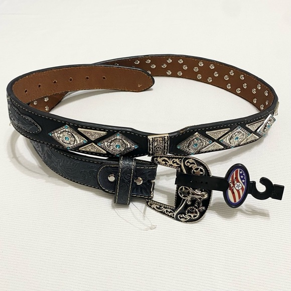 West Star Texas Men’s Western Black Tooled Leather Silver Concho Belt XXL